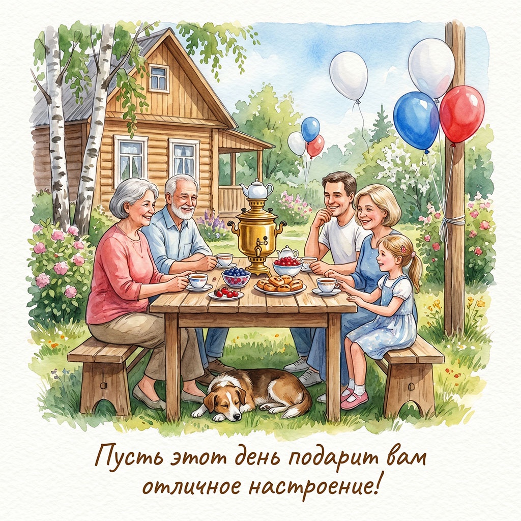Семья на пикнике. Акварельная открытка. Милые и прикольные поздравления.
