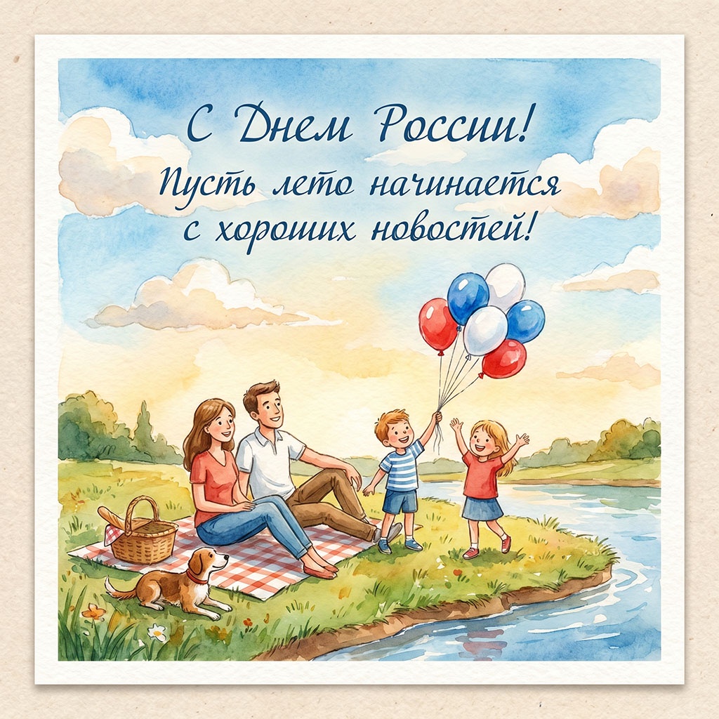 Открытка в акварельном стиле. Семья на пикнике в День России. Милые и душевные поздравления.