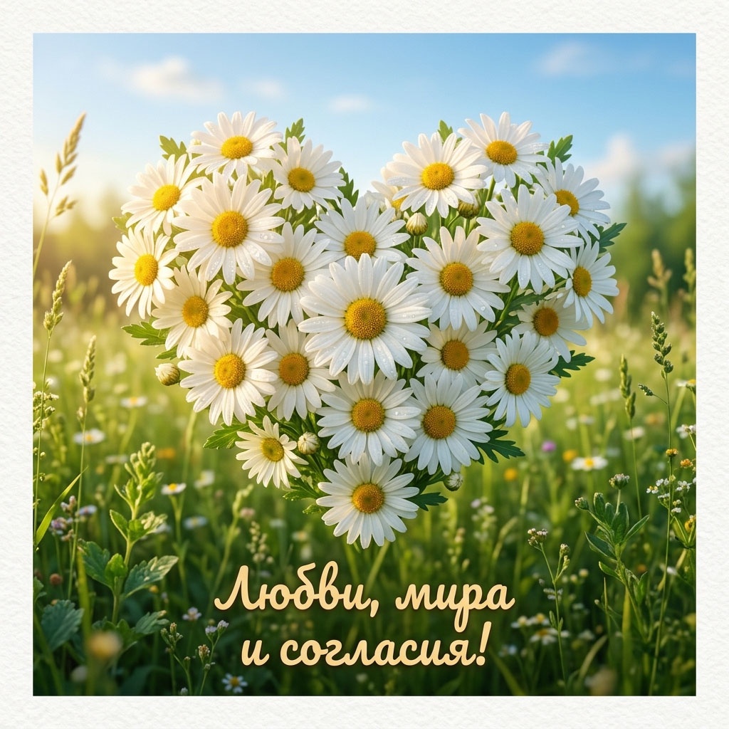 Красивая открытка с сердечком из полевых ромашек. 