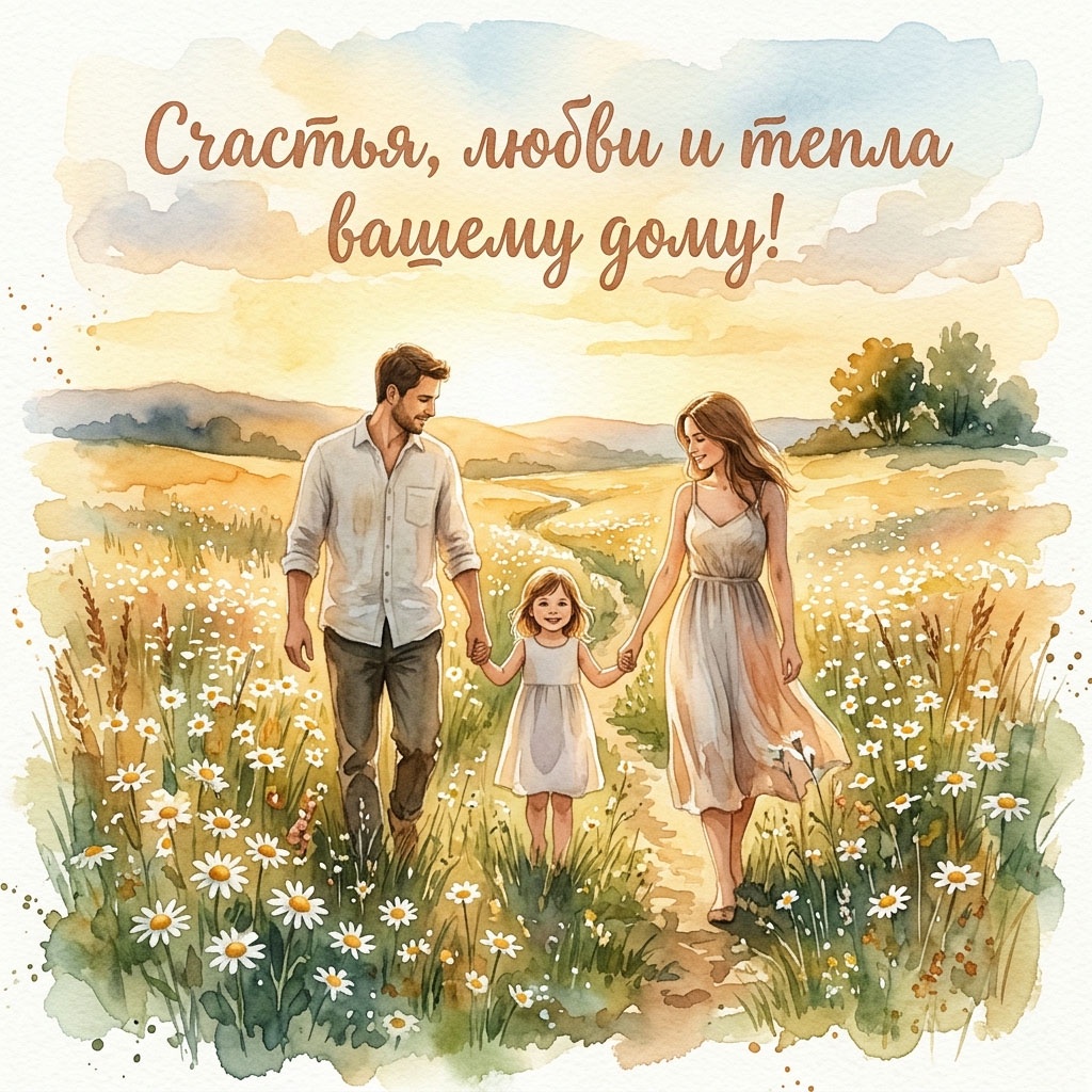 Красивая открытка: семья идет по полю на рассвете. Акварельный стиль.