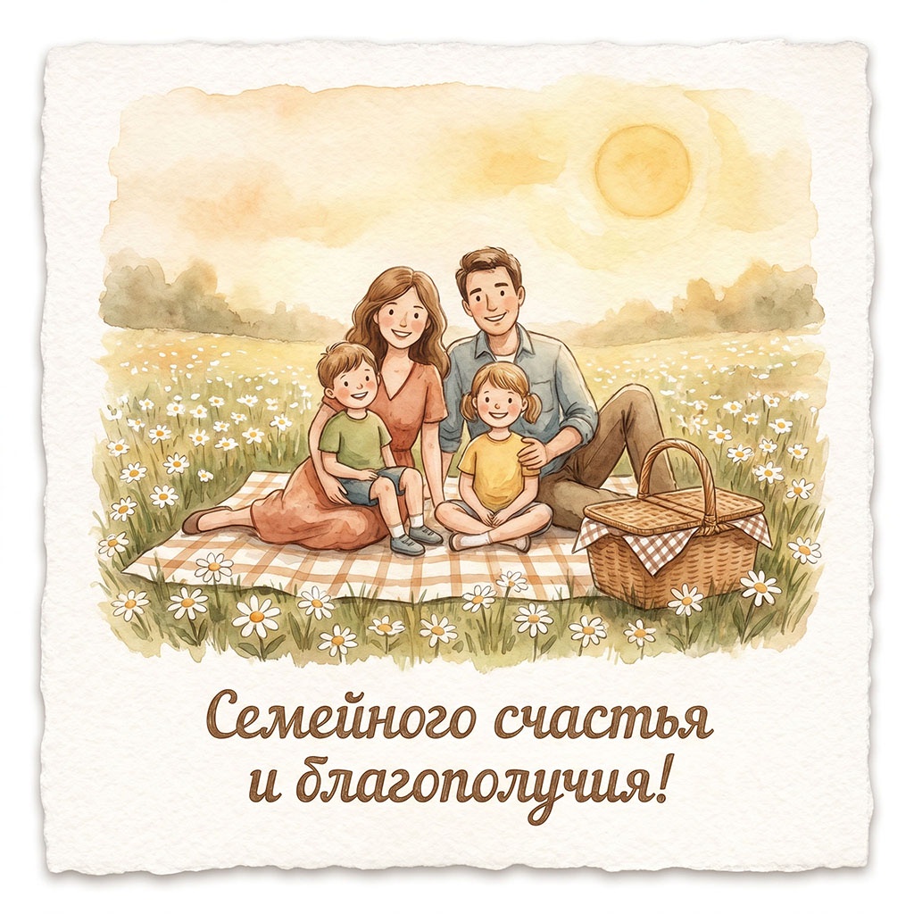 Красивая акварельная открытка с семьей на пикнике