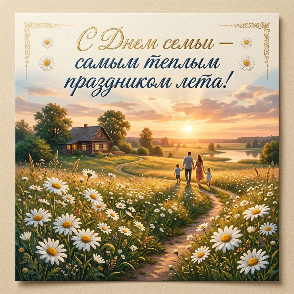 Семья родители и дети идет через поле к дому в теплых лучах рассвета на открытке с поздравлениями и пожеланиями.