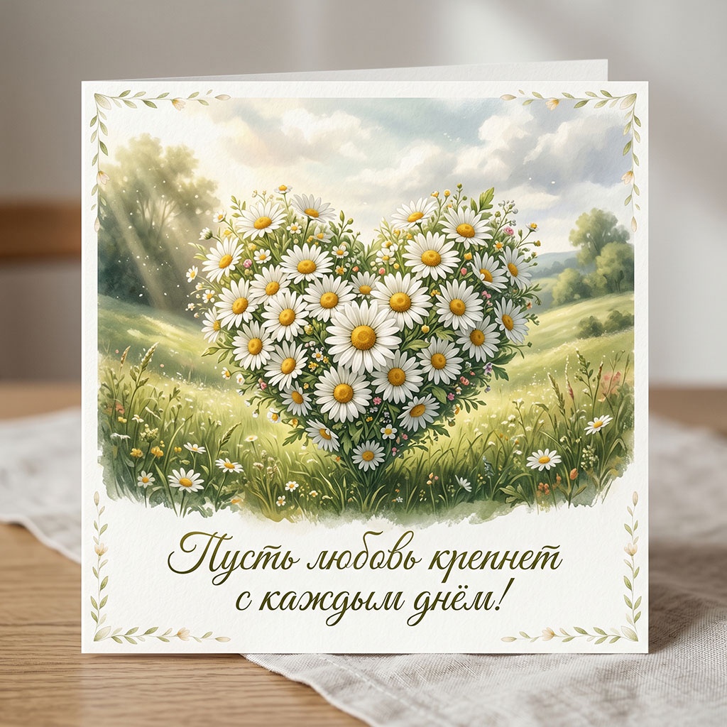Сердечко из ромашек на летнем фоне.