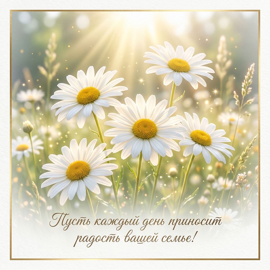 Ромашки в солнечных лучах и праздничные поздравления.