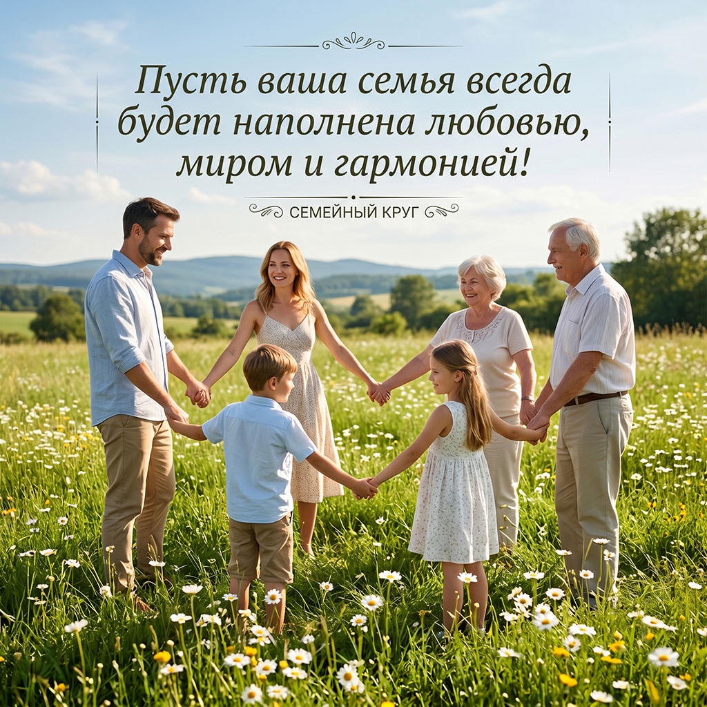 Счастливая семья водит хоровод по полю.
