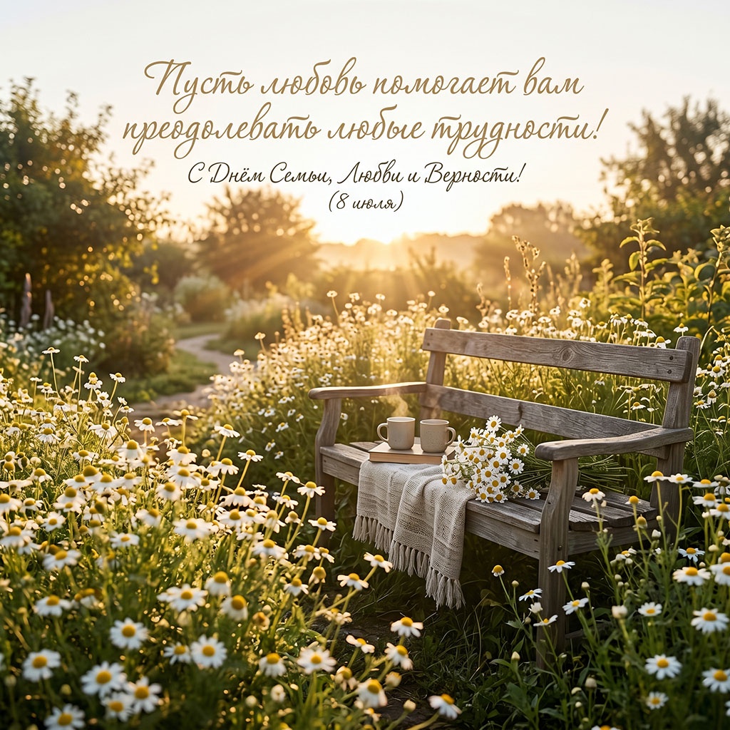 Сад со скамейкой и чашки с горячим чаем в лучах рассвета - открытка с поздравлениями и пожеланиями.
