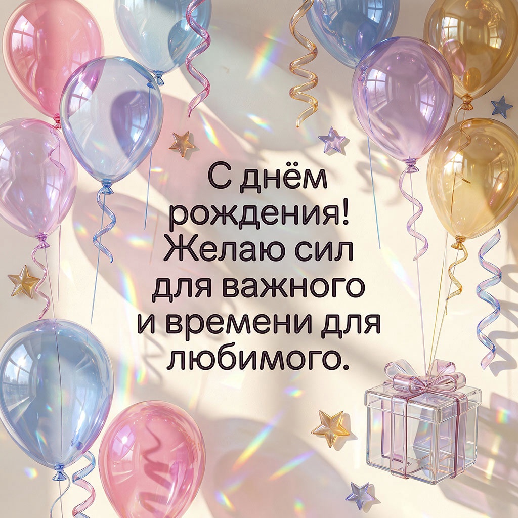 Открытка с воздушными шарами, подарочной коробкой и текстом "С днем рождения! Желаю сил для важного и времени для любимого".