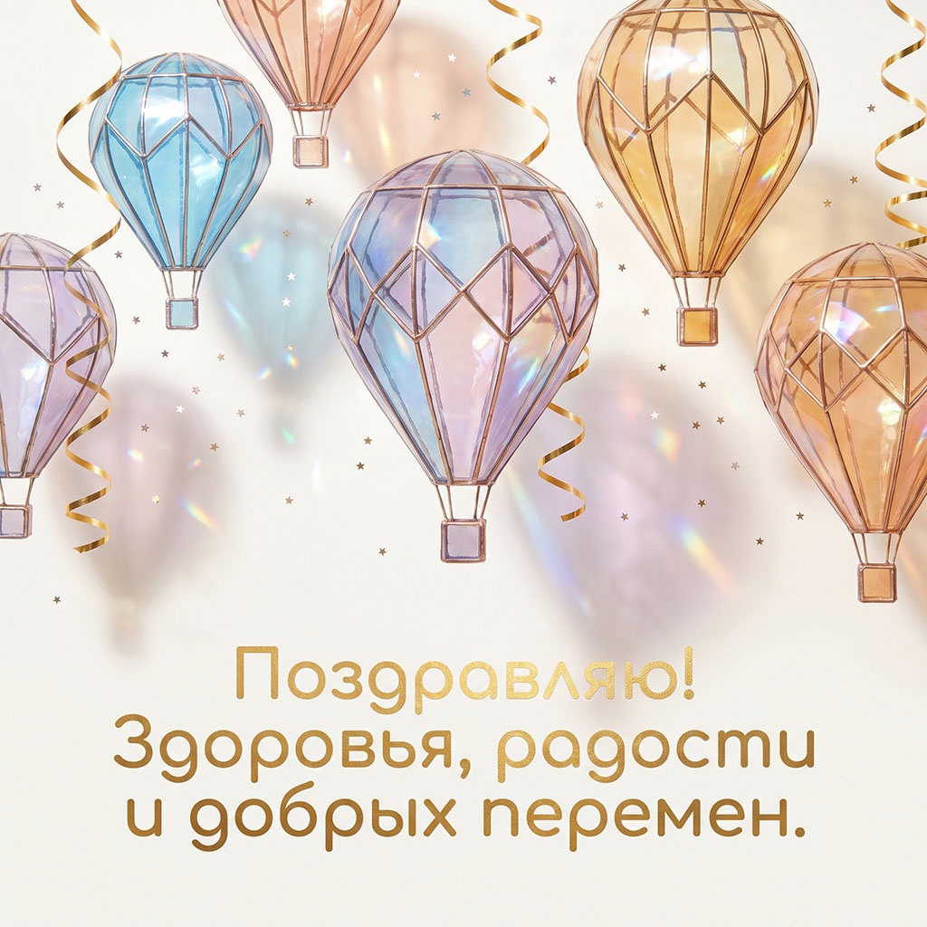 Открытка с прозрачными воздушными шарами-полигонами и текстом "Поздравляю! Здоровья, радости и добрых перемен".