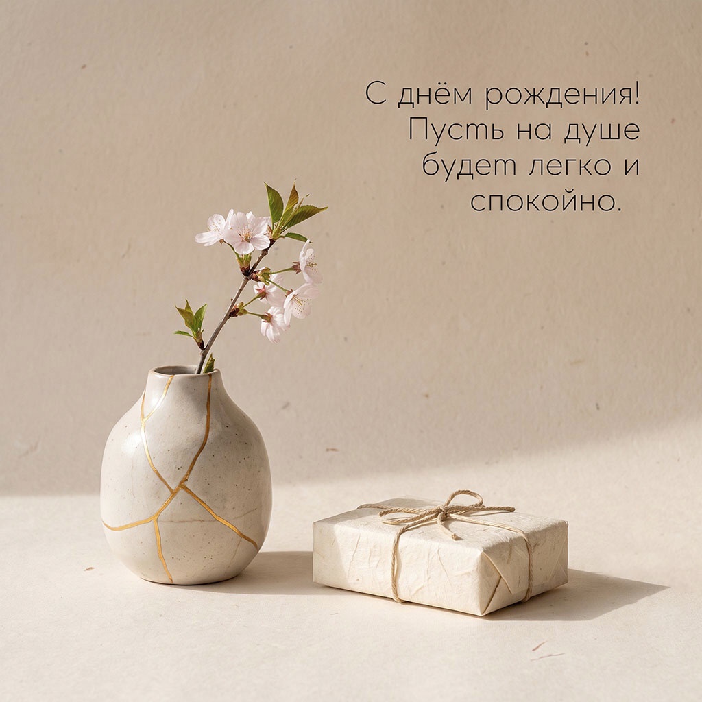 Открытка с керамической вазой с золотыми швами, цветущей веткой сакуры и текстом "С днем рождения! Пусть на душе будет легко и спокойно".