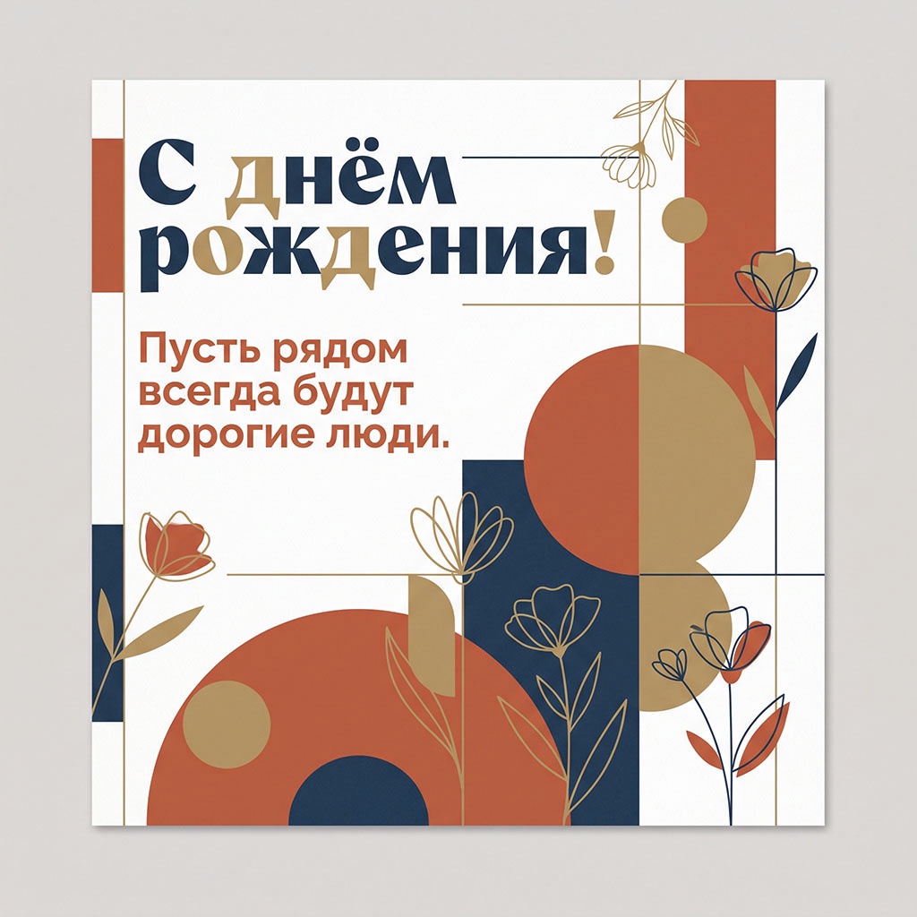 Открытка в минималистичном геометрическом стиле с текстом "С днем рождения! Пусть рядом всегда будут дорогие люди".