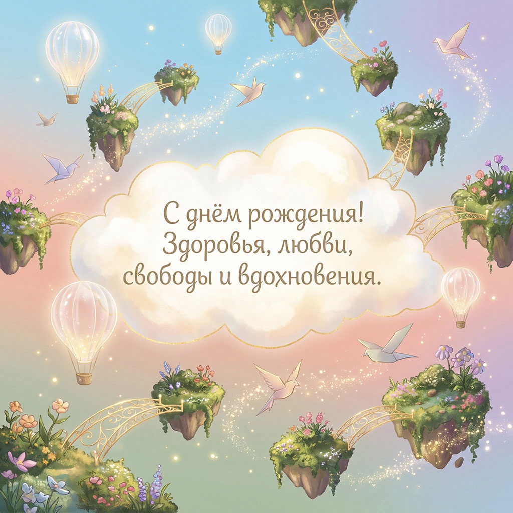 Открытка с волшебными летающими островами, шарами и текстом "С днем рождения! Здоровья, любви, свободы и вдохновения".