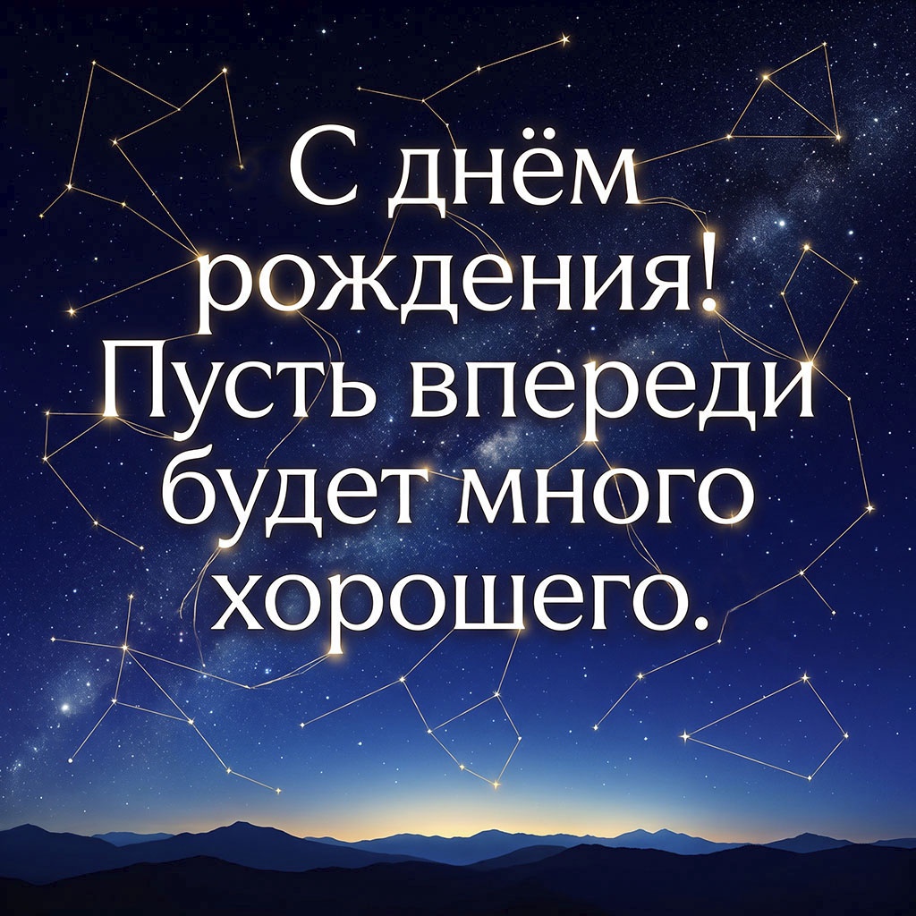 Открытка с ночным небом, созвездиями и текстом "С днем рождения! Пусть впереди будет много хорошего".