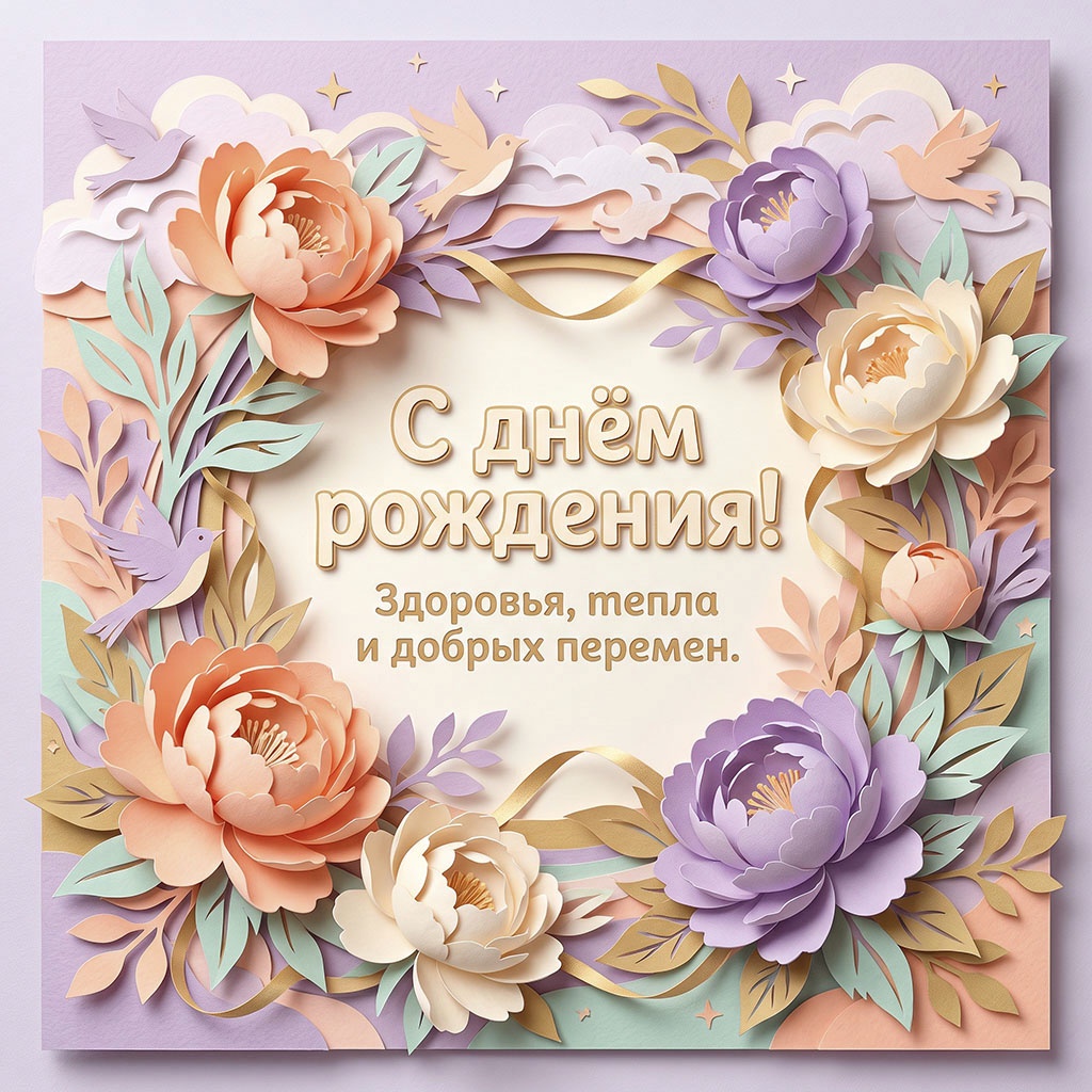 Открытка с объемными бумажными цветами, птицами и текстом "С днем рождения! Здоровья, тепла и добрых перемен".