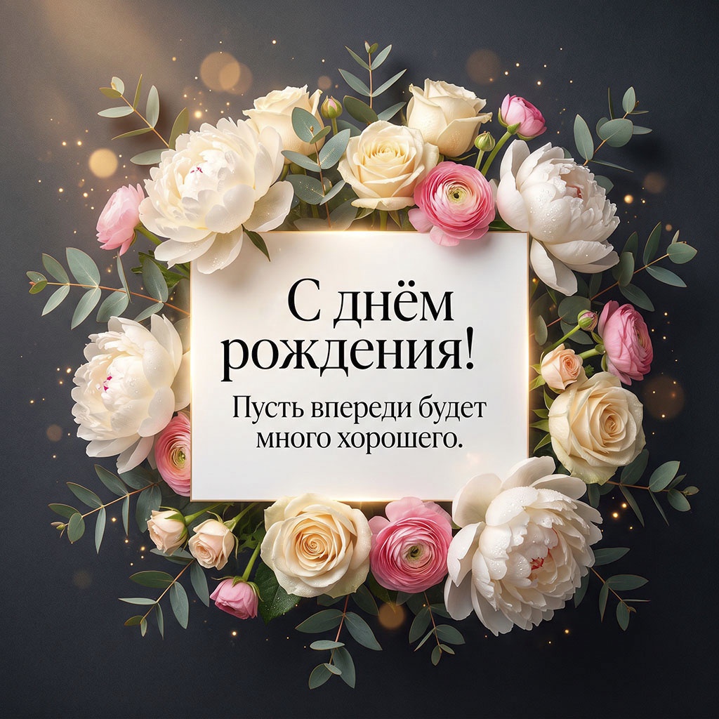 Открытка с цветочным венком вокруг текста "С днем рождения! Пусть впереди будет много хорошего".