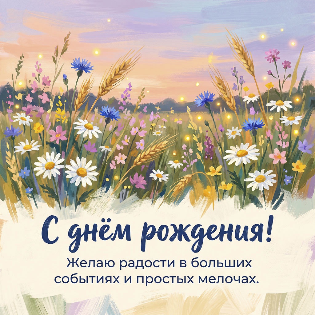 Открытка с луговыми цветами на закате и текстом "С днем рождения! Желаю радости в больших событиях и простых мелочах".
