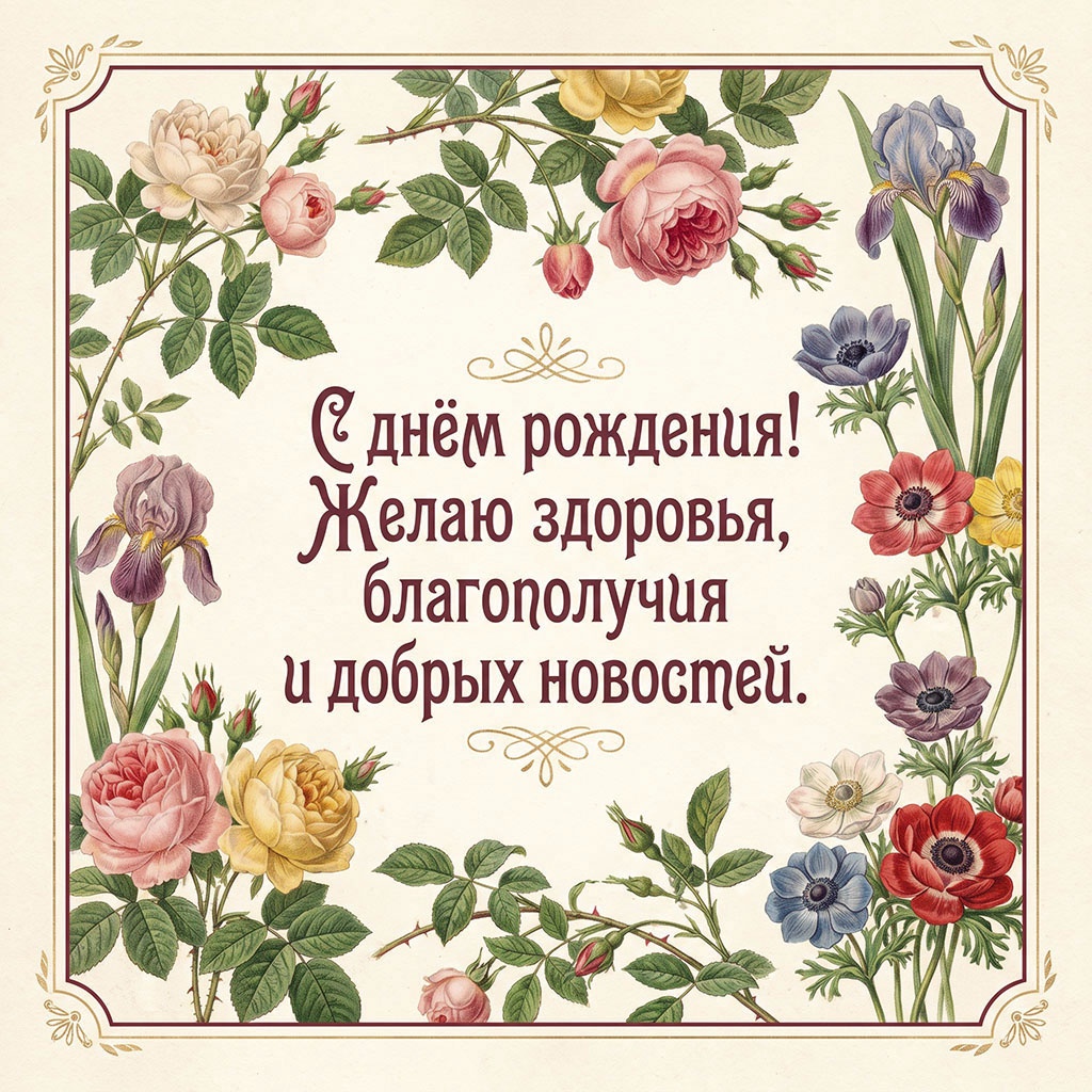 Открытка с ботаническими иллюстрациями цветов и текстом "С днем рождения! Желаю здоровья, благополучия и добрых новостей".