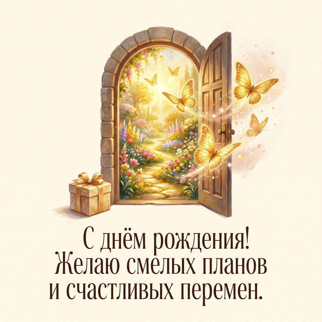 Открытка с каменной аркой, открытой деревянной дверью в солнечный цветочный сад, золотыми бабочками, подарком и текстом "С днем рождения! Желаю смелых планов и счастливых перемен".