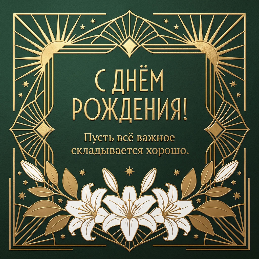 Открытка на темно-зеленом фоне с золотой арт-деко рамкой, белыми лилиями, лучами и текстом "С днем рождения! Пусть все важное складывается хорошо".