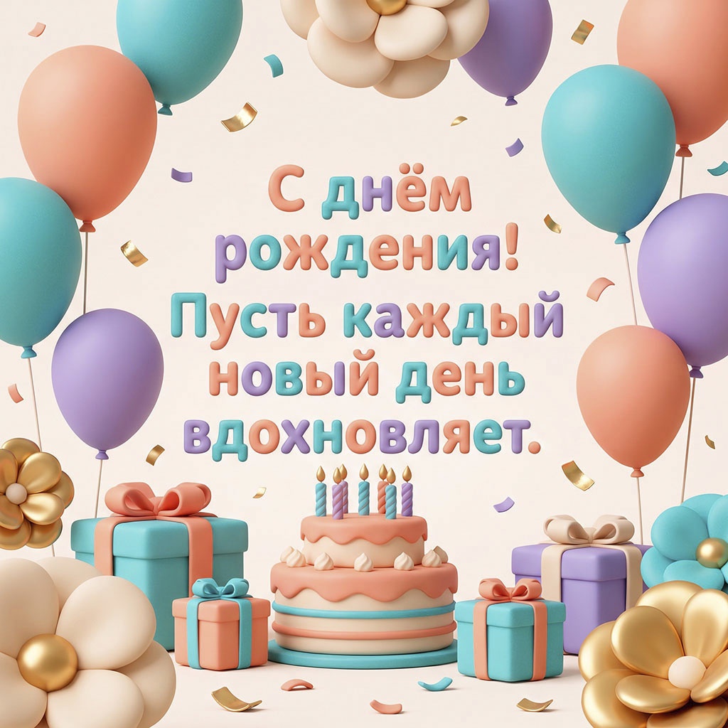 Открытка с воздушными шарами, праздничным тортом, подарочными коробками и текстом "С днем рождения! Пусть каждый новый день вдохновляет"