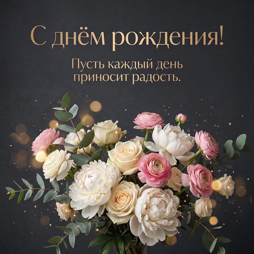 Открытка с букетом белых и розовых цветов, эвкалиптом и текстом "С днем рождения! Пусть каждый день приносит радость".