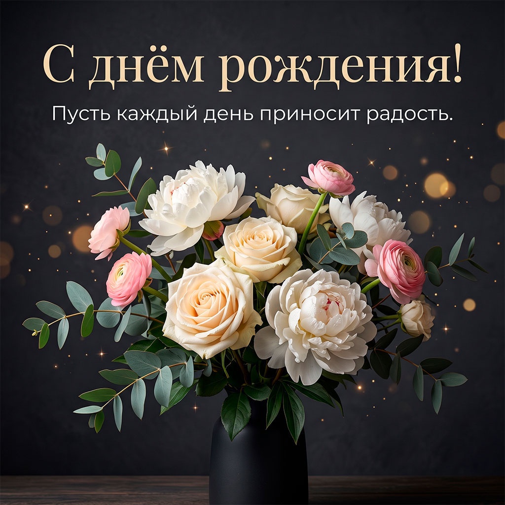 Открытка с цветочным букетом в черной вазе и текстом "С днем рождения! Пусть каждый день приносит радость".