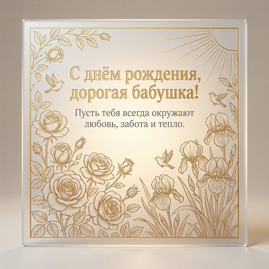 Золотая открытка с текстом "С днем рождения, дорогая бабушка! Пусть тебя всегда окружают любовь, забота и тепло".