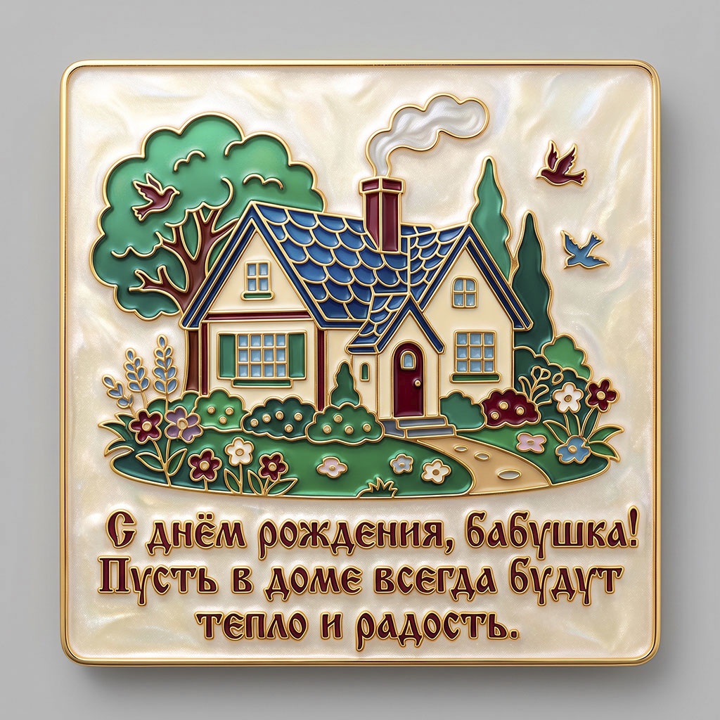 Эмалевая открытка с домиком и текстом "С днем рождения, бабушка! Пусть в доме всегда будут тепло и радость".