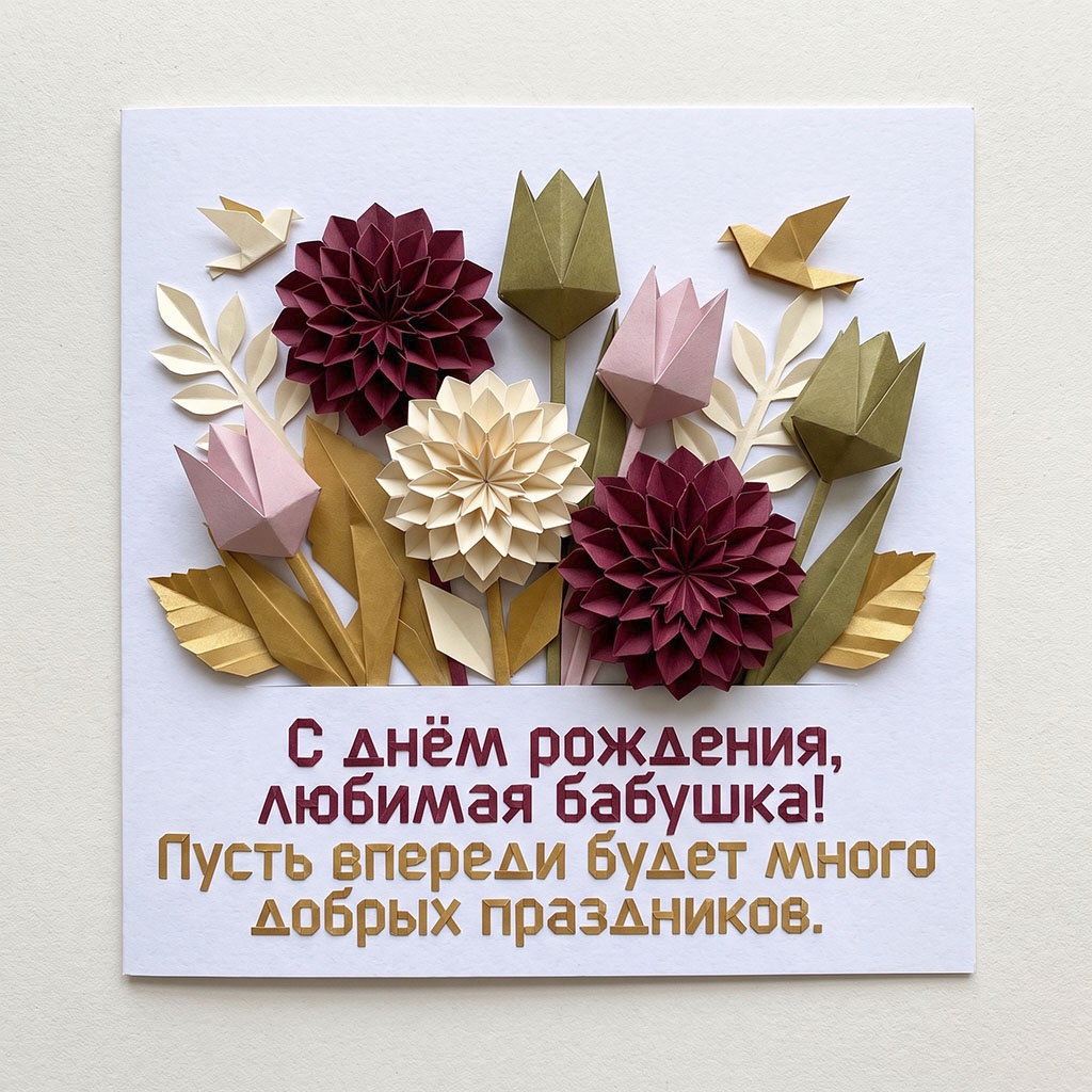 Бумажная открытка с текстом "С днем рождения, любимая бабушка! Пусть впереди будет много добрых праздников".