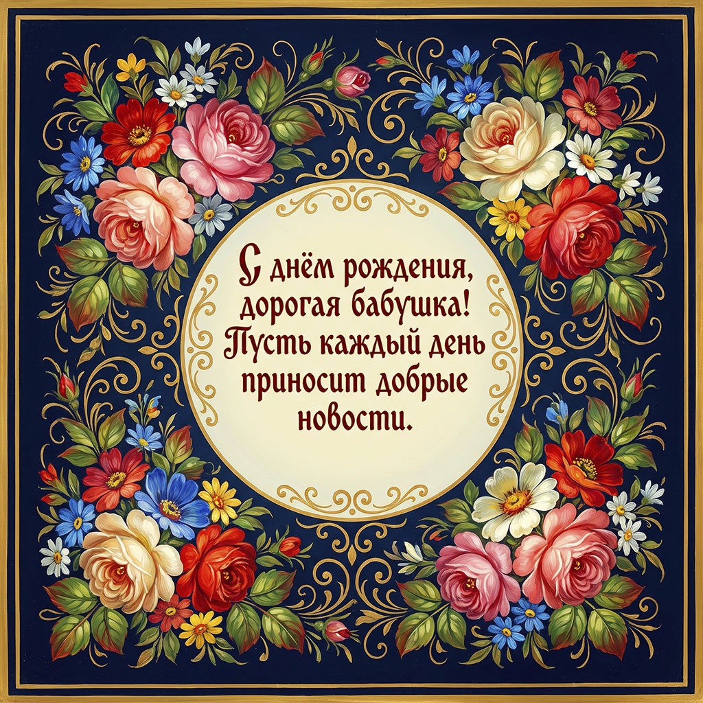 Жостовская открытка с текстом "С днем рождения, дорогая бабушка! Пусть каждый день приносит добрые новости".