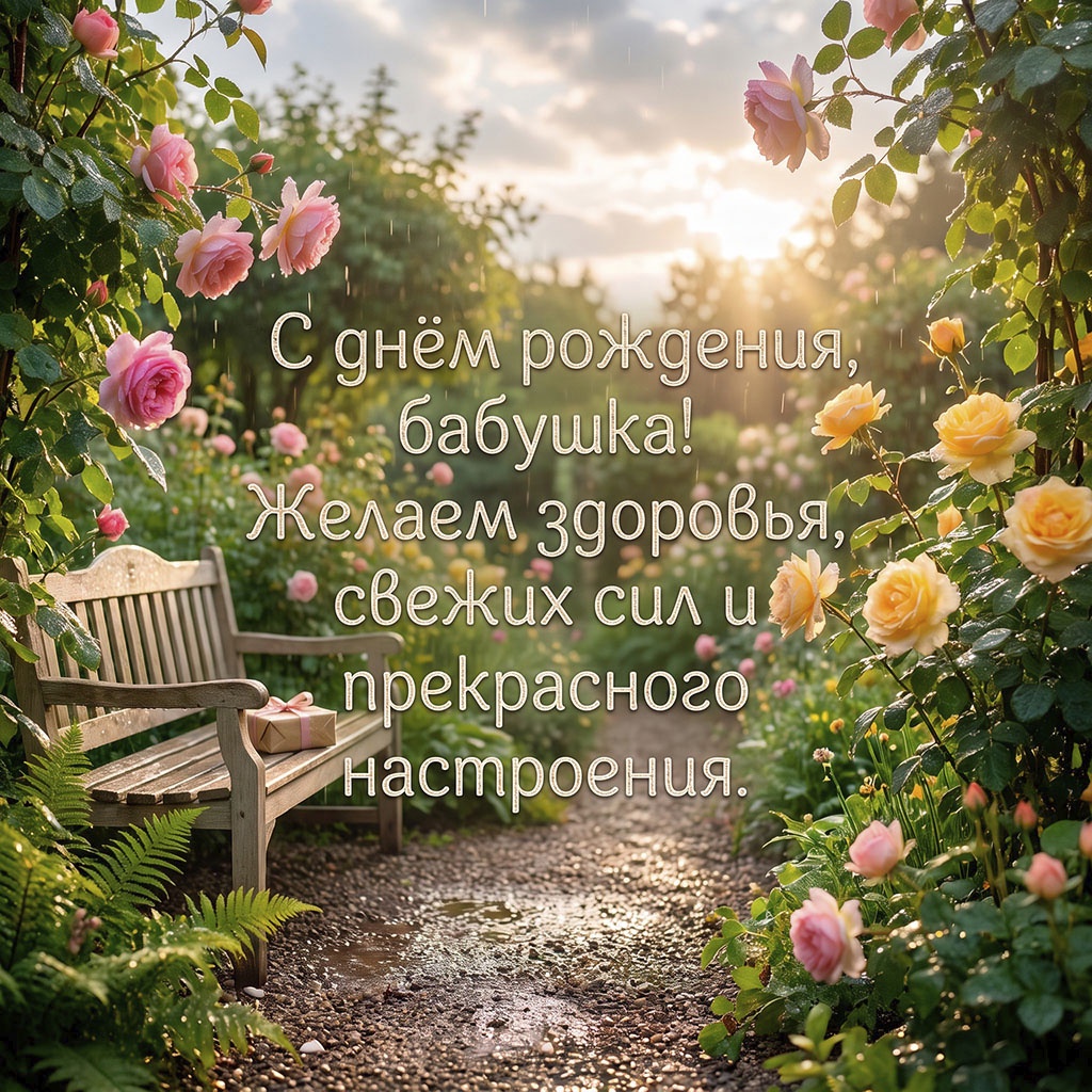 Открытка с розами и скамейкой и текстом "С днем рождения, бабушка! Желаем здоровья, свежих сил и прекрасного настроения".