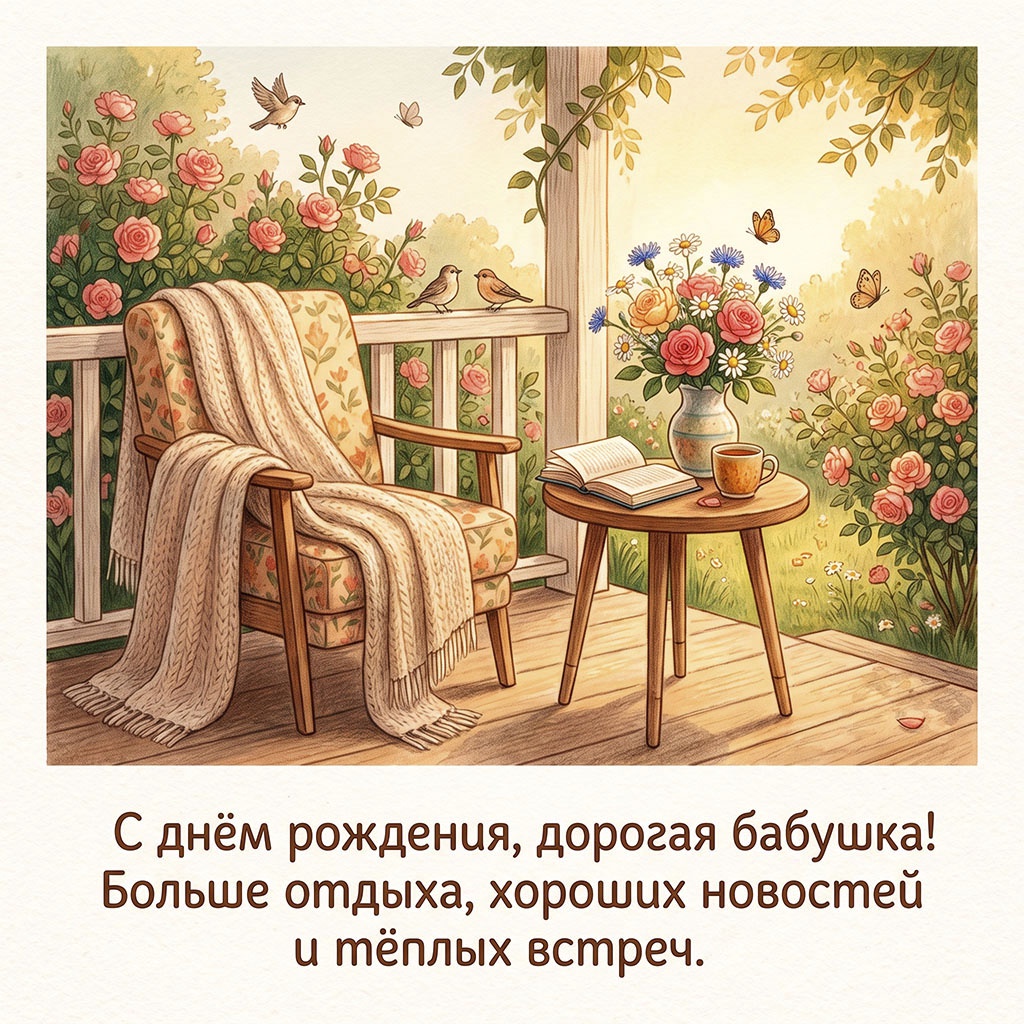 Открытка с верандой и текстом "С днем рождения, дорогая бабушка! Больше отдыха, хороших новостей и теплых встреч".