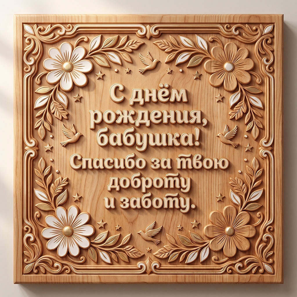 Деревянная открытка с текстом "С днем рождения, бабушка! Спасибо за твою доброту и заботу".