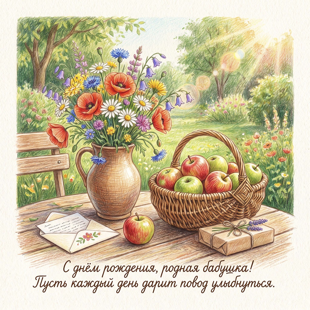 Открытка - рисунок карандашом с цветами и яблоками и текстом "С днем рождения, родная бабушка! Пусть каждый день дарит повод улыбнуться".
