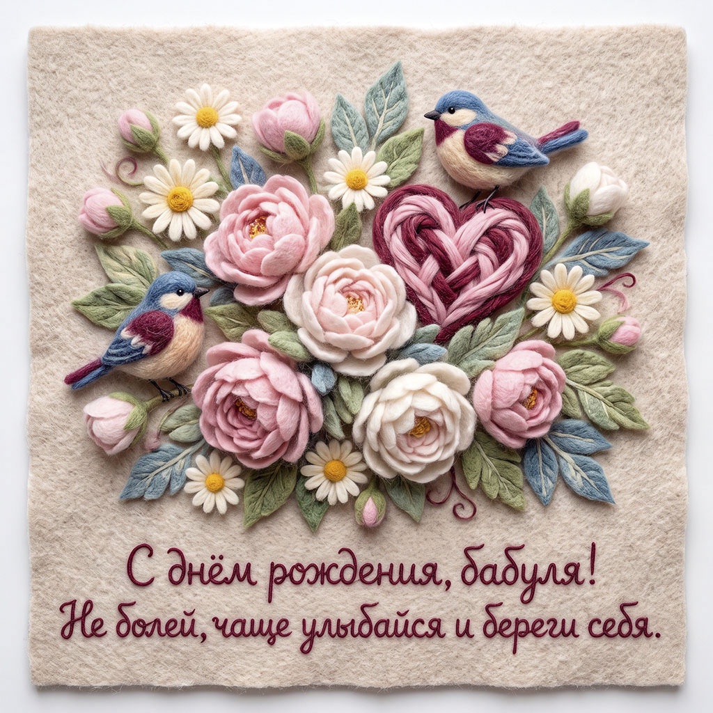Войлочная открытка с текстом "С днем рождения, бабуля! Не болей, чаще улыбайся и береги себя".