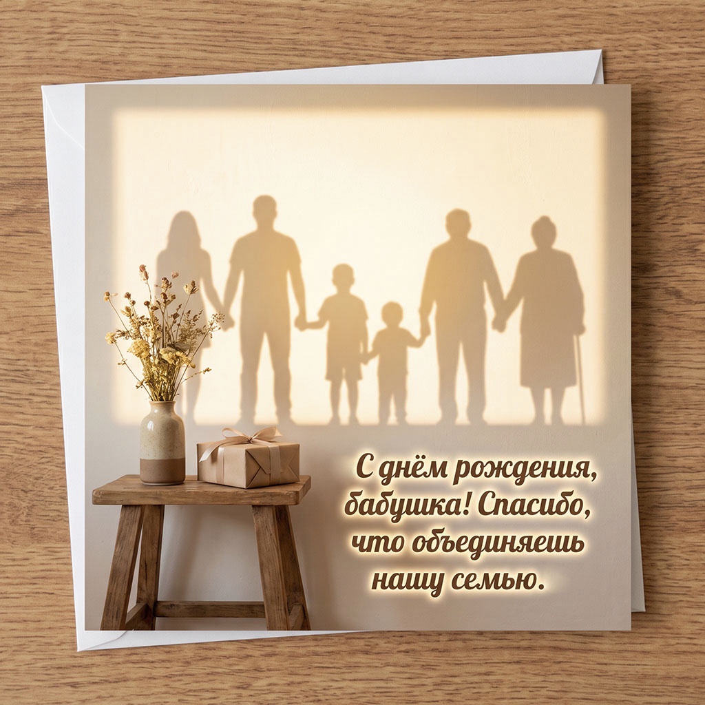 Открытка с силуэтами семьи и текстом "С днем рождения, бабушка! Спасибо, что объединяешь нашу семью".