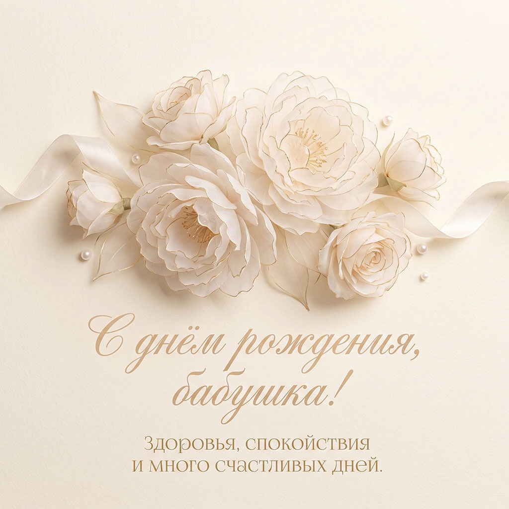 Открытка с белыми розами из лент и текстом "С днем рождения, бабушка! Здоровья, спокойствия и много счастливых дней".