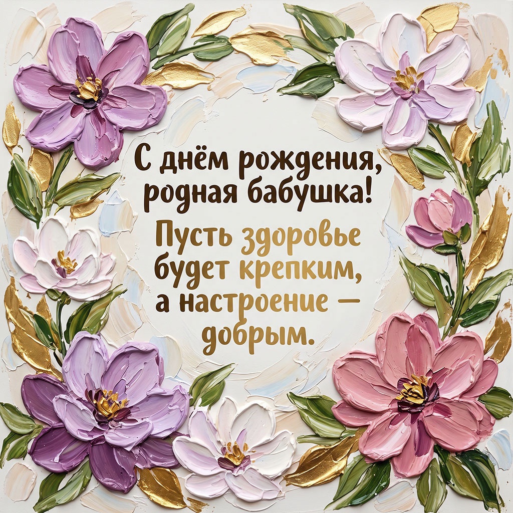 Живописная открытка с текстом "С днем рождения, родная бабушка! Пусть здоровье будет крепким, а настроение - добрым".
