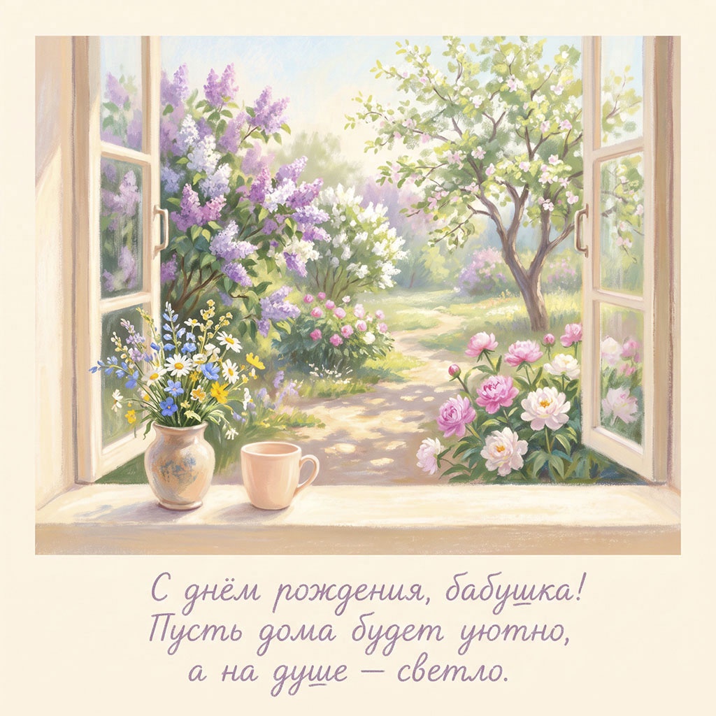 Открытка с окном и садом и текстом "С днем рождения, бабушка! Пусть дома будет уютно, а на душе - светло".