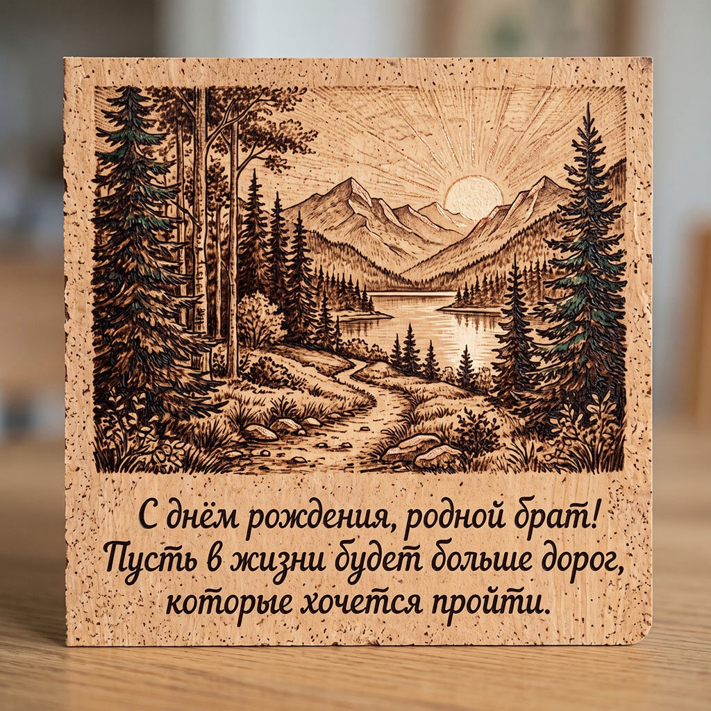 Деревянная открытка с текстом "С днем рождения, родной брат! Пусть в жизни будет больше дорог, которые хочется пройти". 