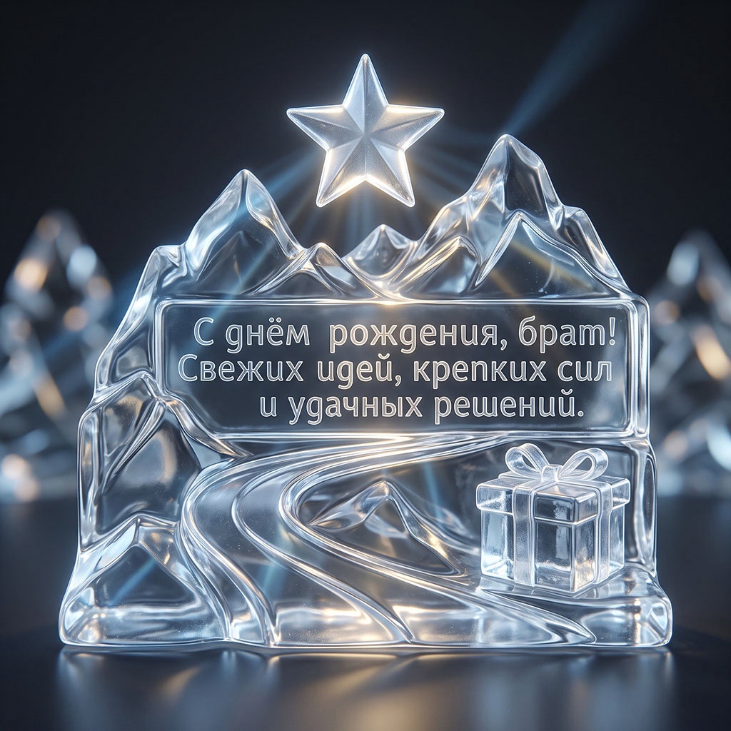 Открытка с горами и звездой из стекла с поздравлением "С днем рождения, брат! Свежих идей, крепких сил и удачных решений".