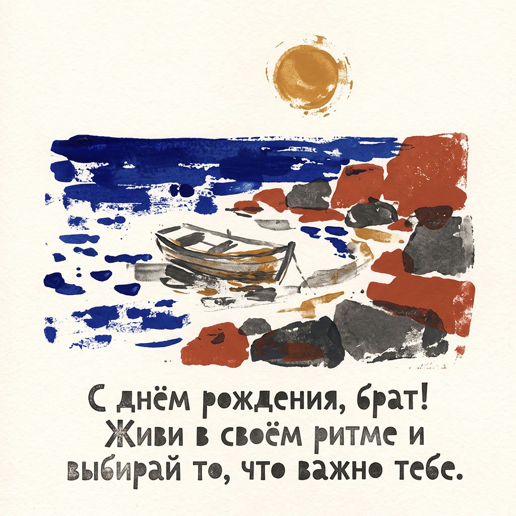Открытка художественная с лодкой и текстом "С днем рождения, брат! Живи в своем ритме и выбирай то, что важно тебе".