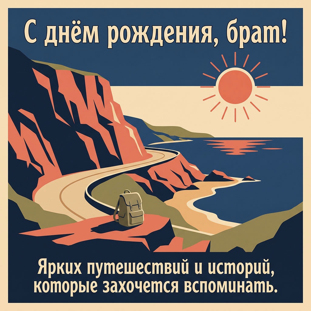 Открытка с дорогой у моря и текстом "С днем рождения, брат! Ярких путешествий и историй, которые захочется вспоминать".