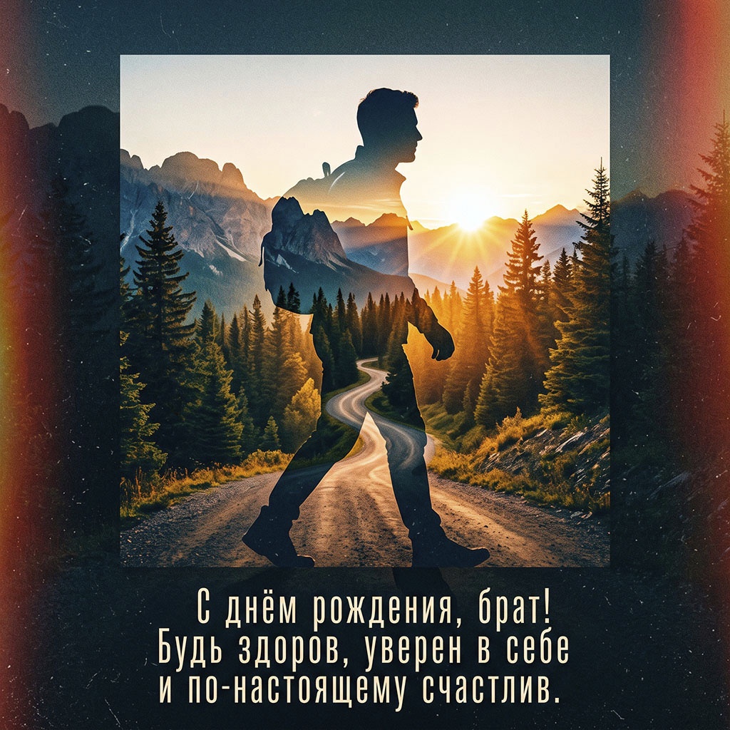 Открытка с силуэтом мужчины на фоне пейзажа и текстом  поздравления "С днем рождения, брат! Будь здоров, уверен в себе и по-настоящему счастлив".