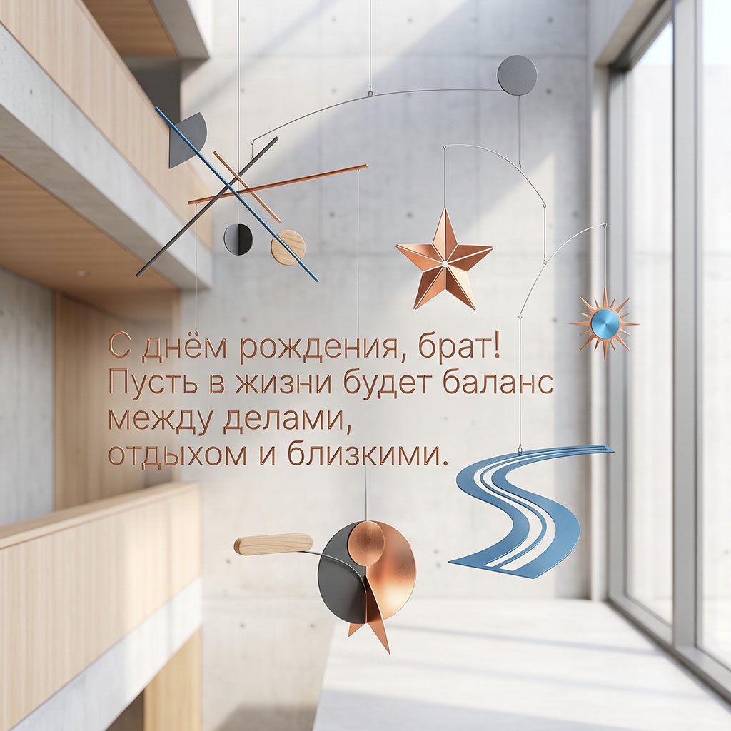 Открытка с мобилем и текстом "С днем рождения, брат! Пусть в жизни будет баланс между делами, отдыхом и близкими".