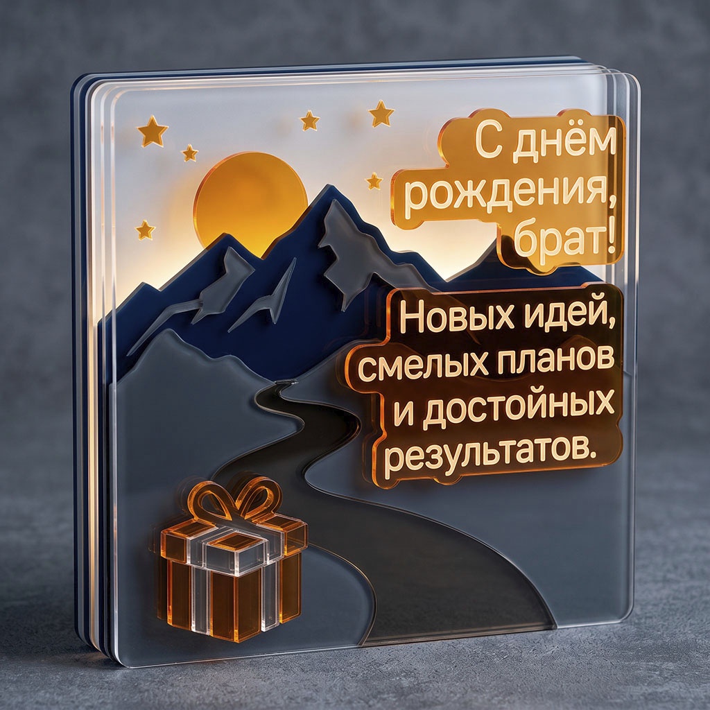 Стеклянная открытка с текстом "С днем рождения, брат! Новых идей, смелых планов и достойных результатов".