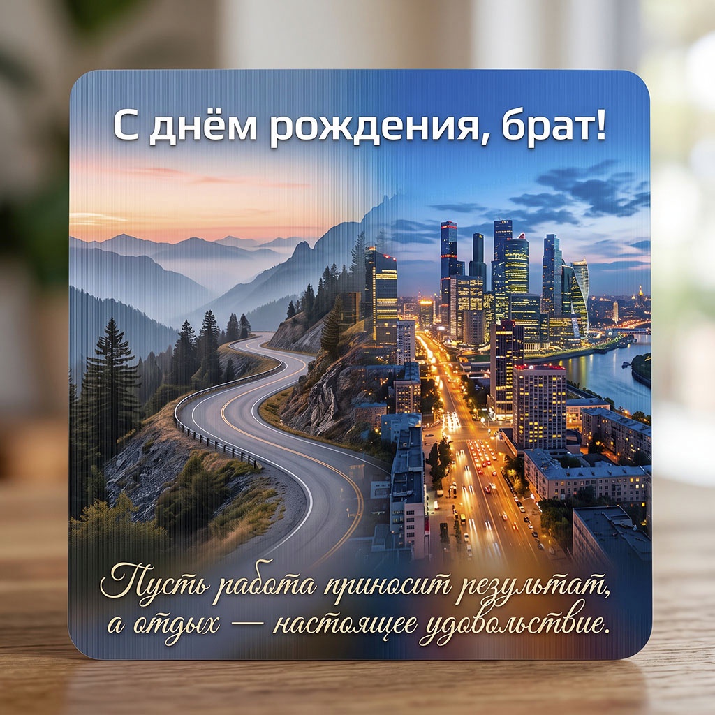 Открытка с городским пейзажем и текстом "С днем рождения, брат! Пусть работа приносит результат, а отдых - настоящее удовольствие".