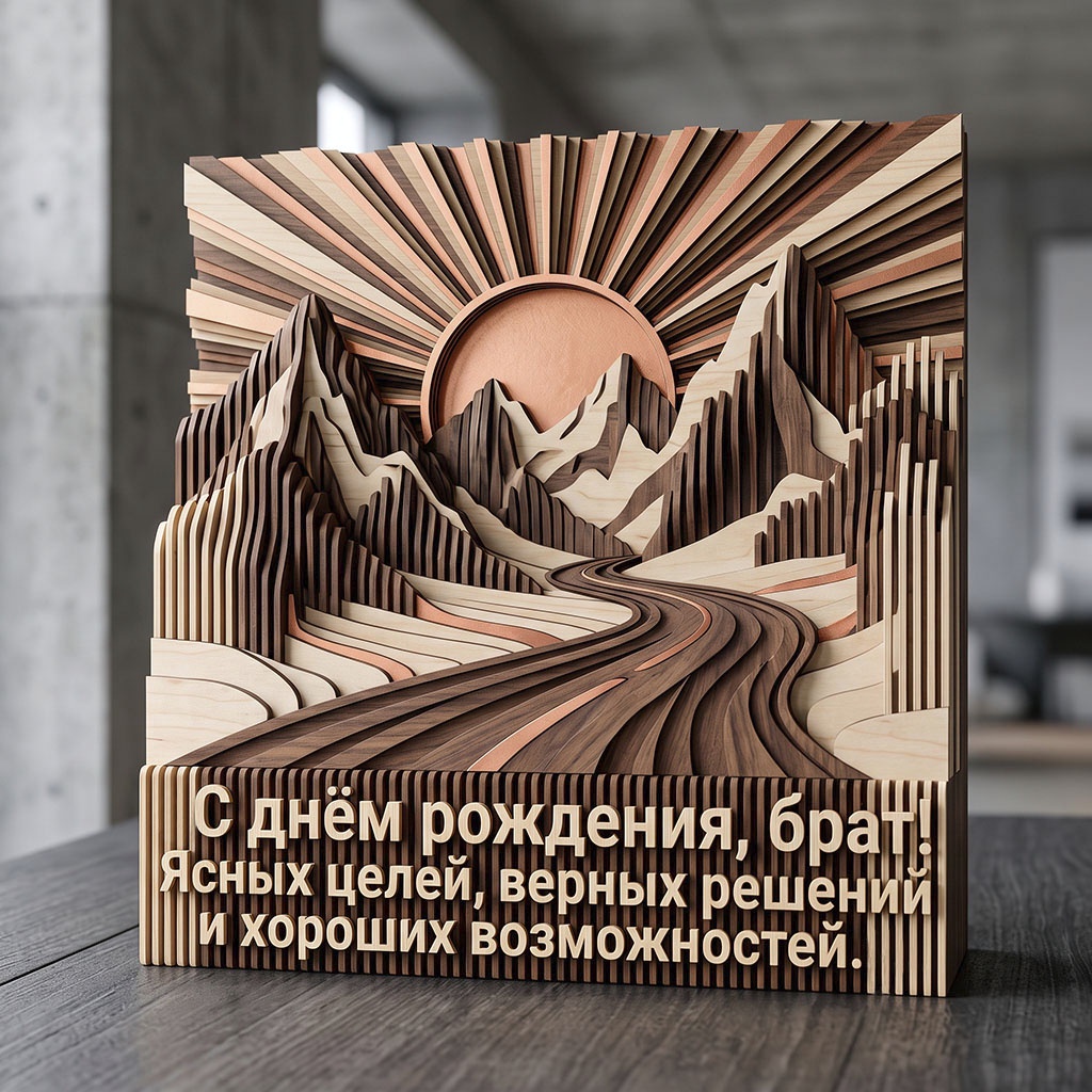 Деревянная открытка с текстом "С днем рождения, брат! Ясных целей, верных решений и хороших возможностей". 