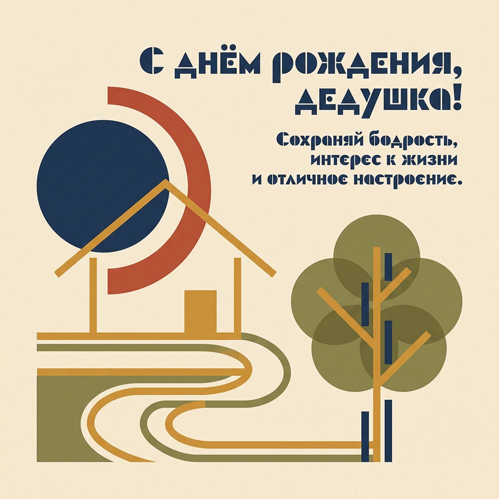 Геометрическая открытка с текстом "С днем рождения, дедушка! Сохраняй бодрость, интерес к жизни и отличное настроение".
