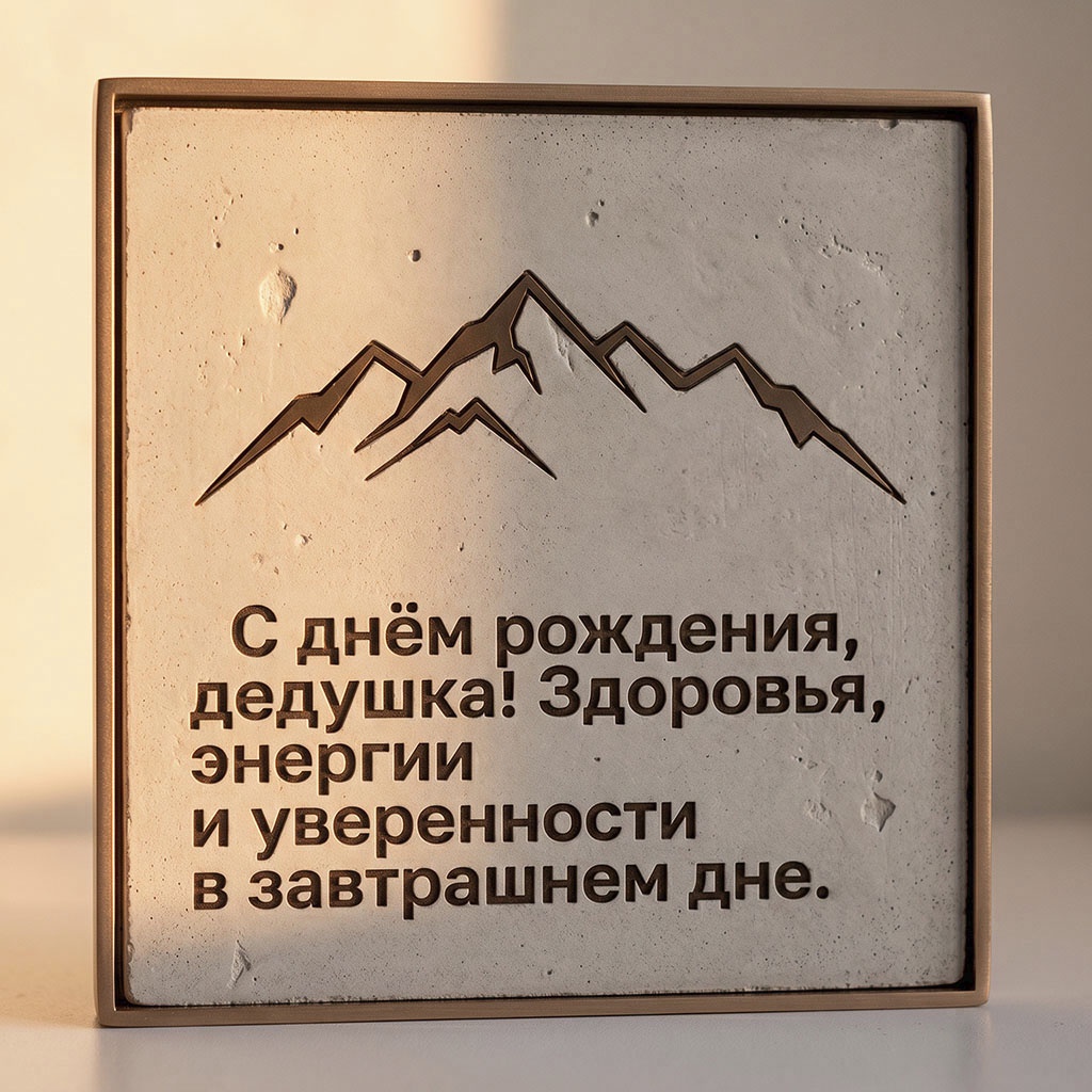 Каменная открытка с силуэтами гор  и текстом поздравления "С днем рождения, дедушка! Здоровья, энергии и уверенности в завтрашнем дне". 