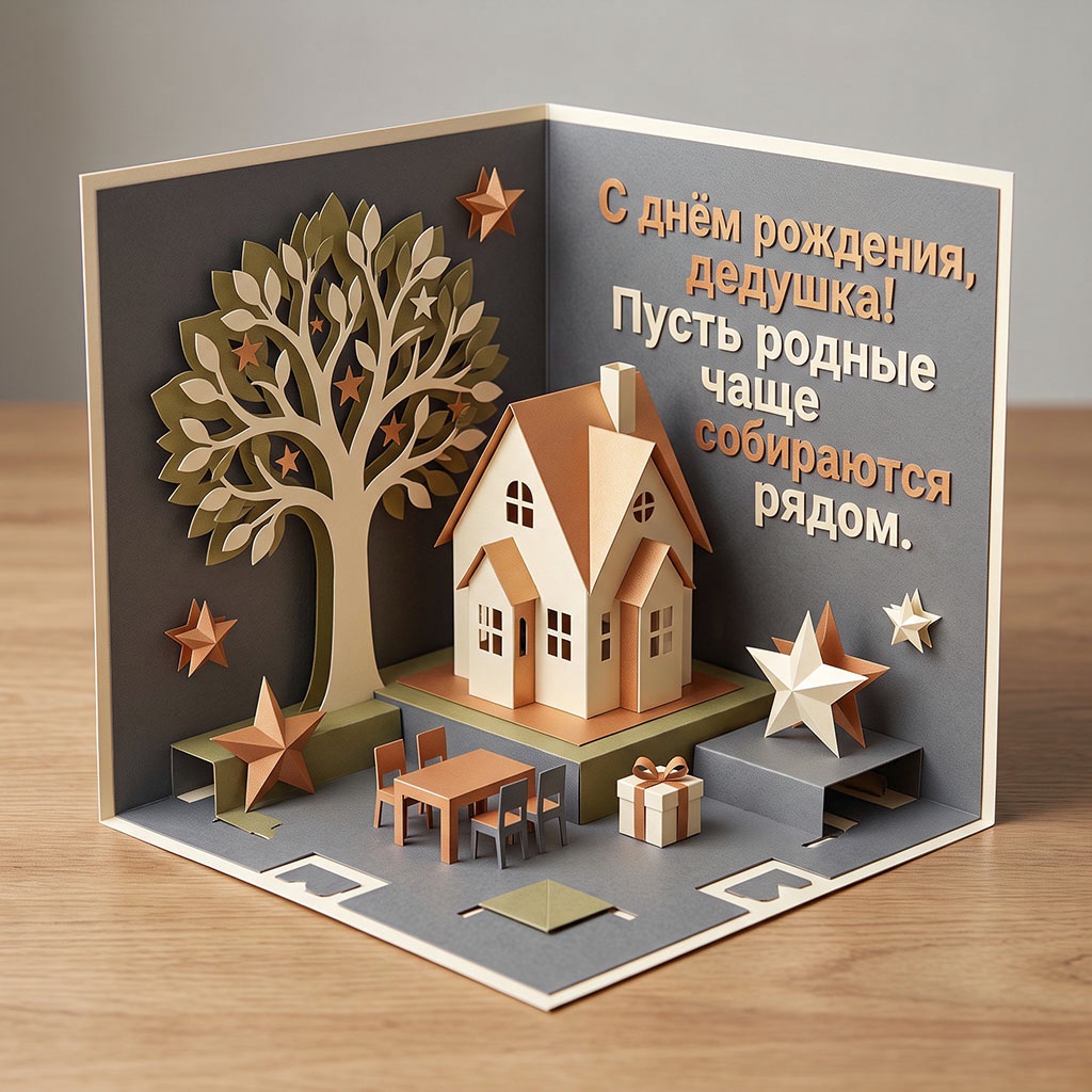 Объемная открытка с домом и текстом "С днем рождения, дедушка! Пусть родные чаще собираются рядом".